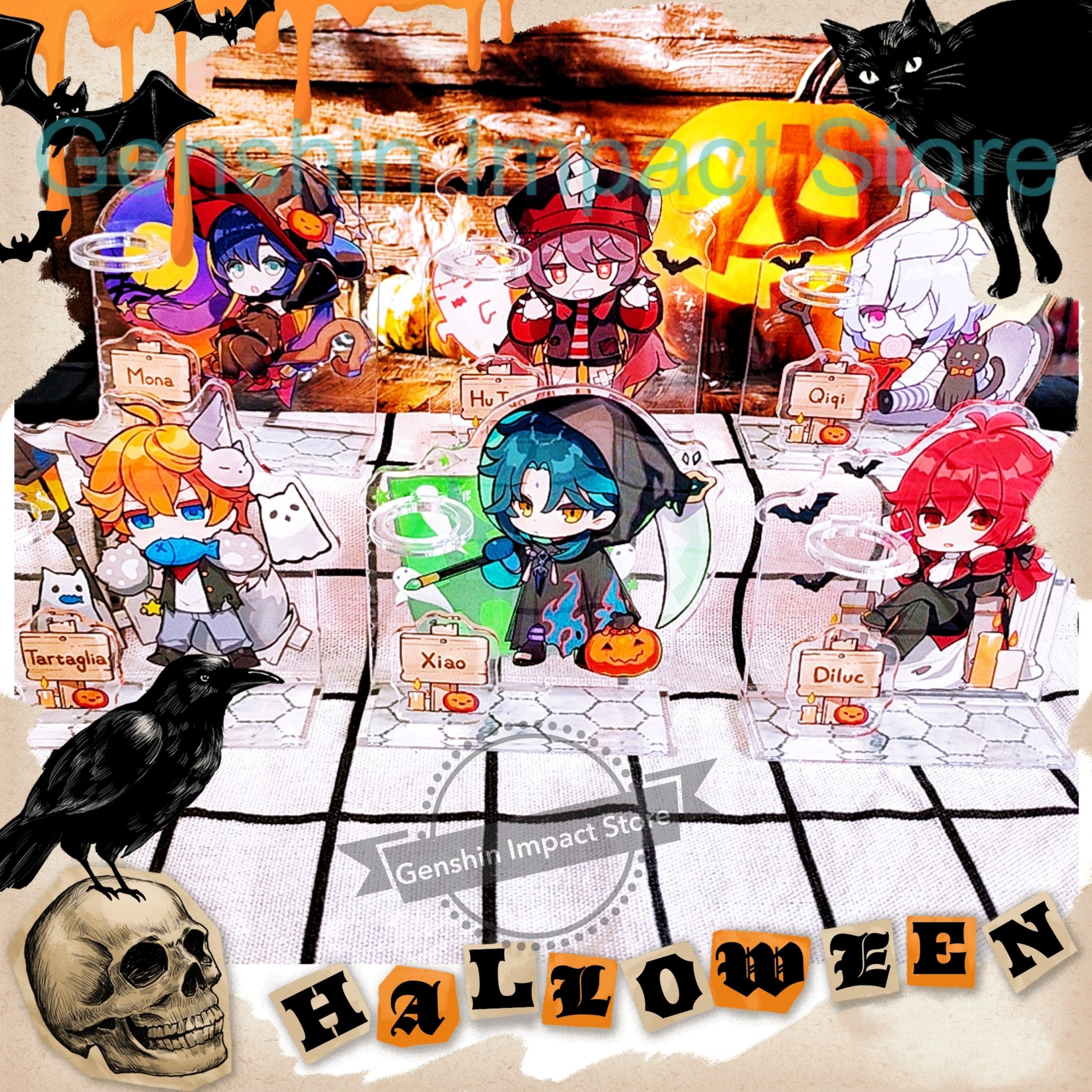 Mô hình standee và móc khóa Genshin Impact (Halloween) XIAO TARTAGLIA HUTAO MONA QIQI DILUC