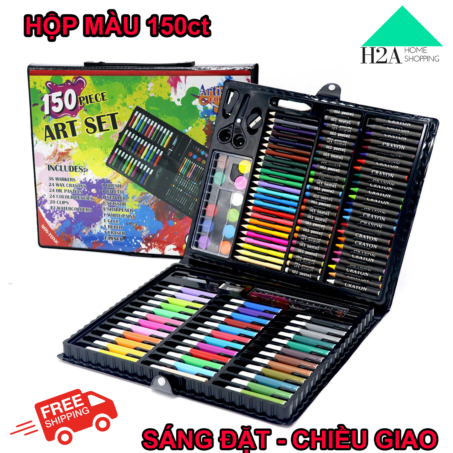 Hộp màu 150 chi tiết, bộ màu vẽ đa năng 150 màu, hộp bút chì màu, bút vẽ bộ màu vẽ đa năng cho bé