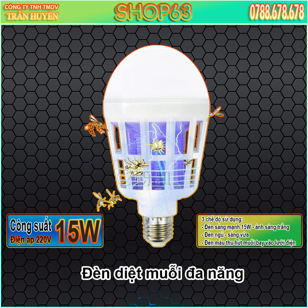 Bóng đèn diệt muỗi đa năng 15W với đèn màu thu hút muỗi bay vào lưới điện (tắt mở liên tục để chuyển đổi qua lại các chế độ)