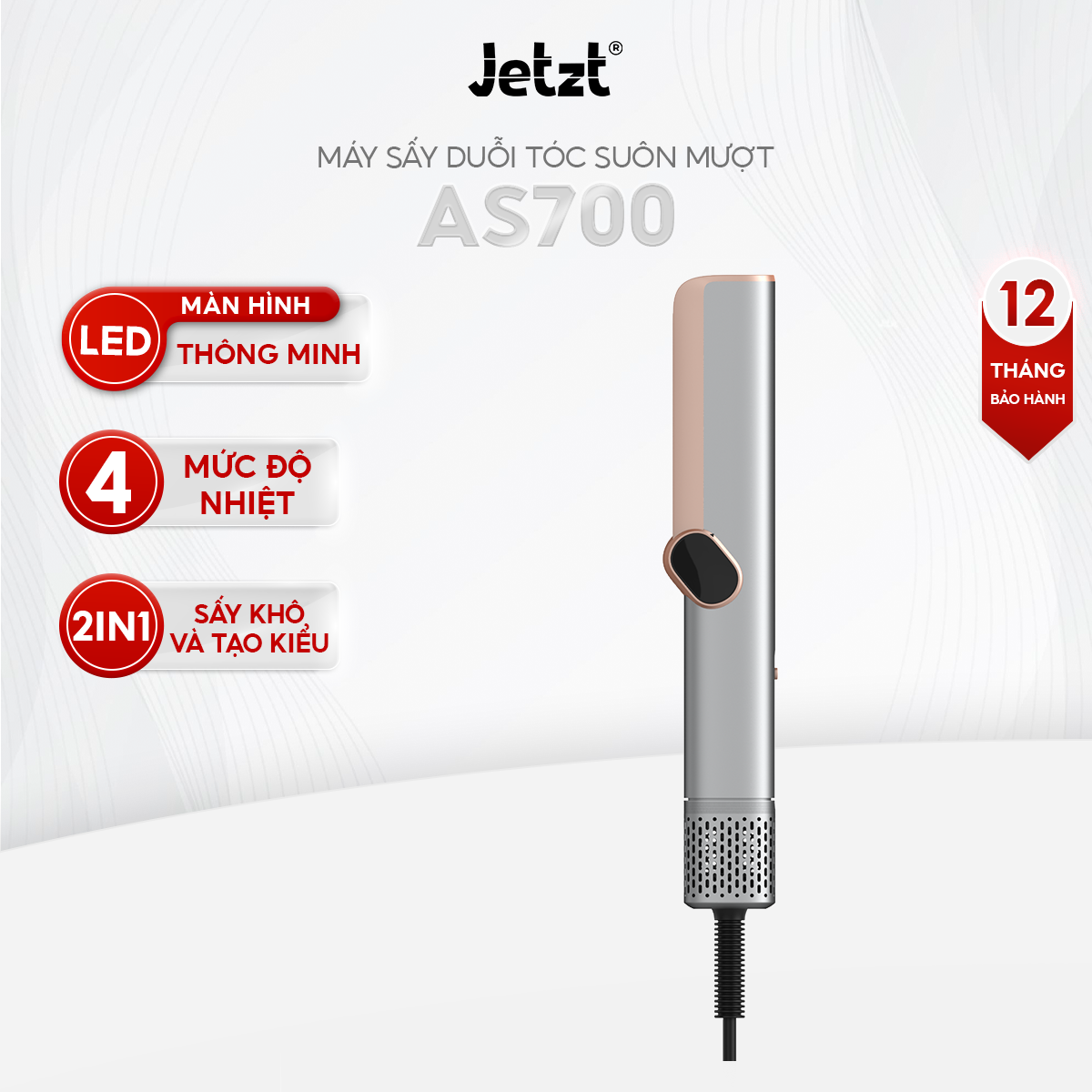 Máy sấy duỗi tóc suôn mượt Jetzt AS700, 4 mức độ nhiệt, tạo kiểu ấn tượng
