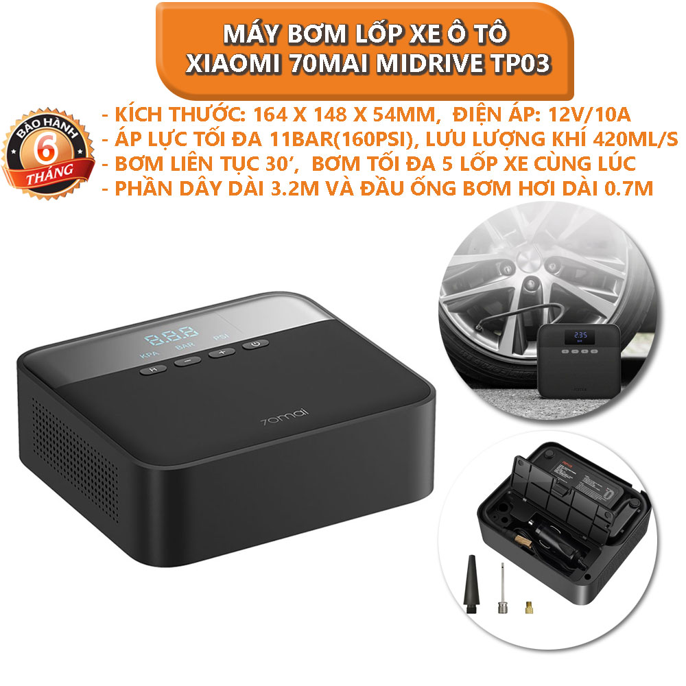 Máy bơm lốp xe ô tô mini tự động Xiaomi 70mai Midrive TP03 - Bảo hành 6 tháng