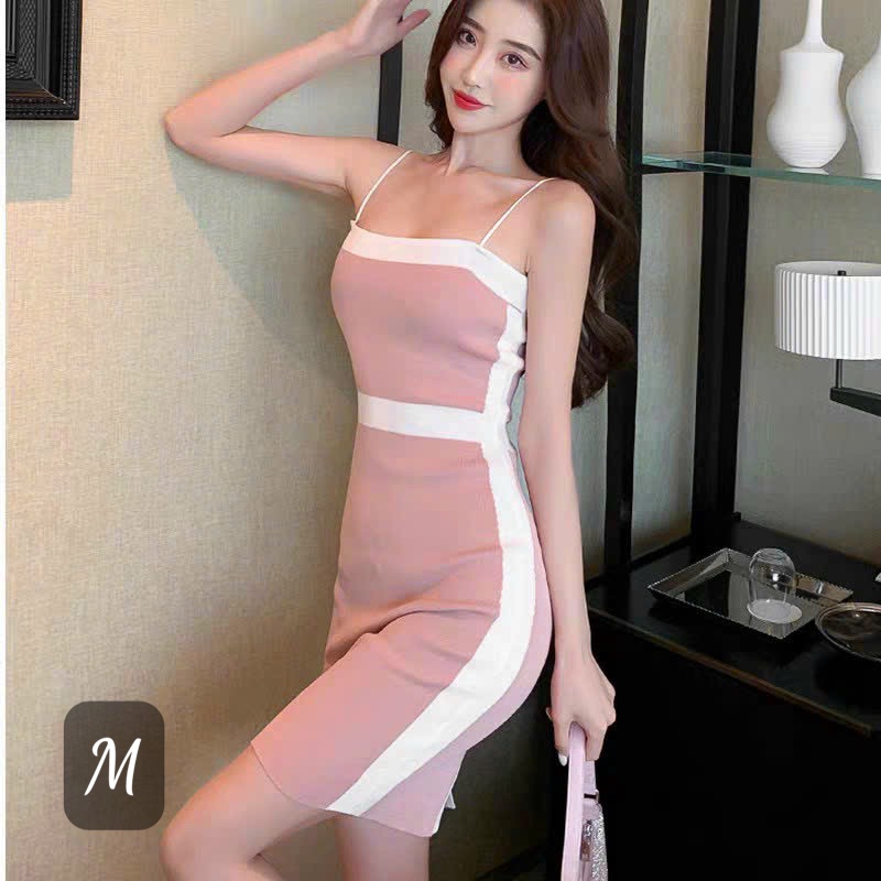 Đầm 2 dây kiểu viền màu bản toàn đầm ôm body dáng ngắn xẻ tà nhẹ sau cực hot hit , chất thun gân mềm mịn