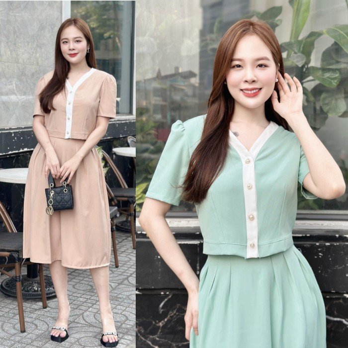 Set bộ áo phối viền chân váy xòe có túi Misa - MS0264