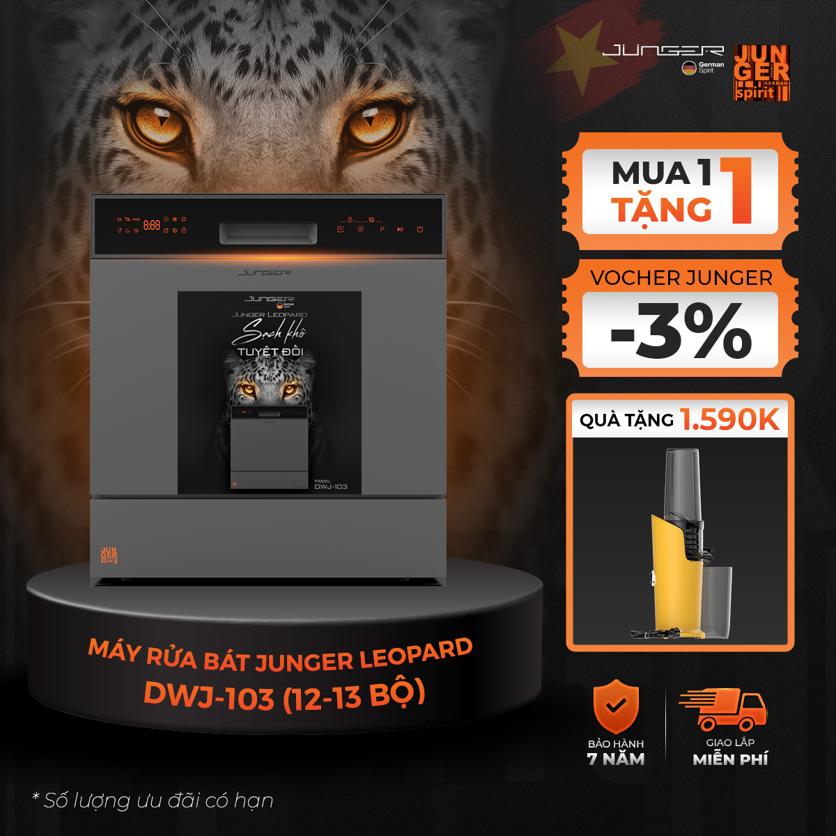 Máy rửa bát junger dwj-103 dung tích 10 bộ sấy diệt khuẩn uv bảo hành 7 năm