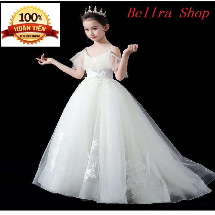 Đầm Váy Cô Dâu Kiểu 2 Dây Đính Kim Tuyến Bé Gái Màu Trắng