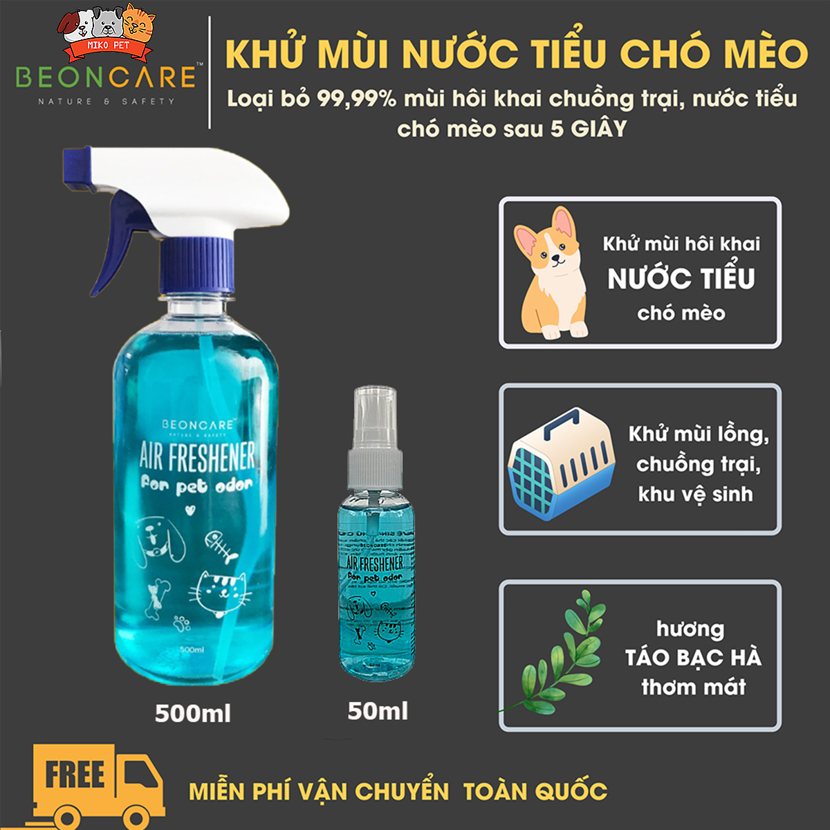 Chai Xịt khử mùi nước tiểu chó mèo, khử mùi hôi thú cưng, BeonCare, Sạch Ngứa –Công Nghệ Diệt Khuẩn Nano Silver - 500ml. Mua 2 tặng 1 sữa tắm 50ml