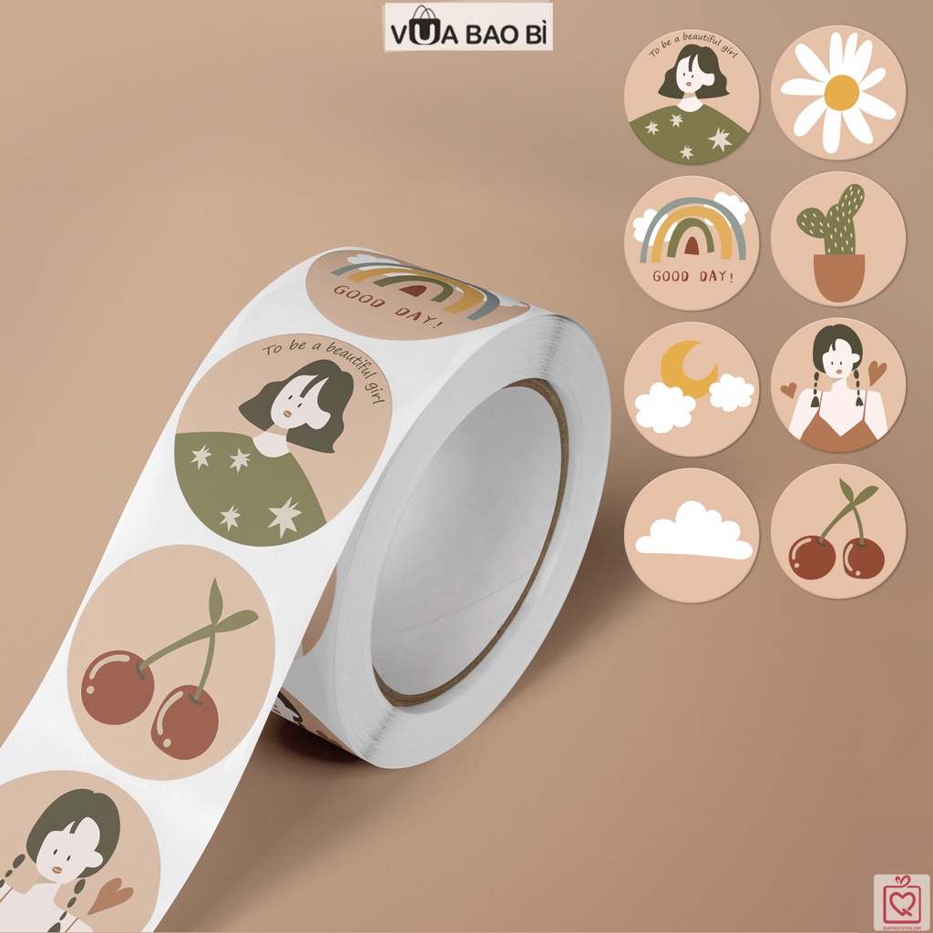 Cuộn 500 Sticker tròn niêm phong dán hộp túi đóng hàng Vua Bao Bì, decal nhãn dán trang trí bao bì dễ thương