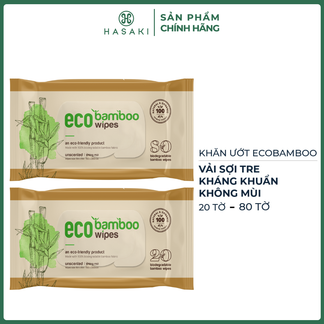 Khăn Ướt EcoWipes EcoBamboo Vải Sợi Tre Không Mùi Gói 20 Tờ, 80 Tờ Hasaki Sản Phẩm Chính Hãng