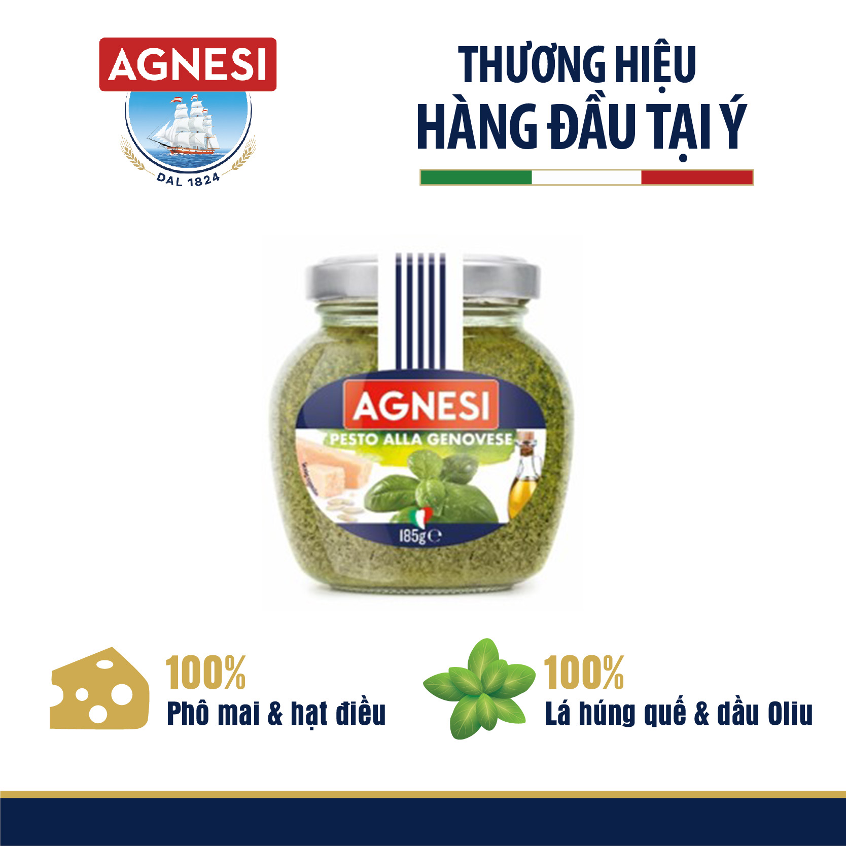 Sốt mì ý Pesto Alla Genovese Agnesi Ý 185g chứa dầu Oliu và hạt điều, phô mai nấu ngon với nui xoắn Fusilli N78