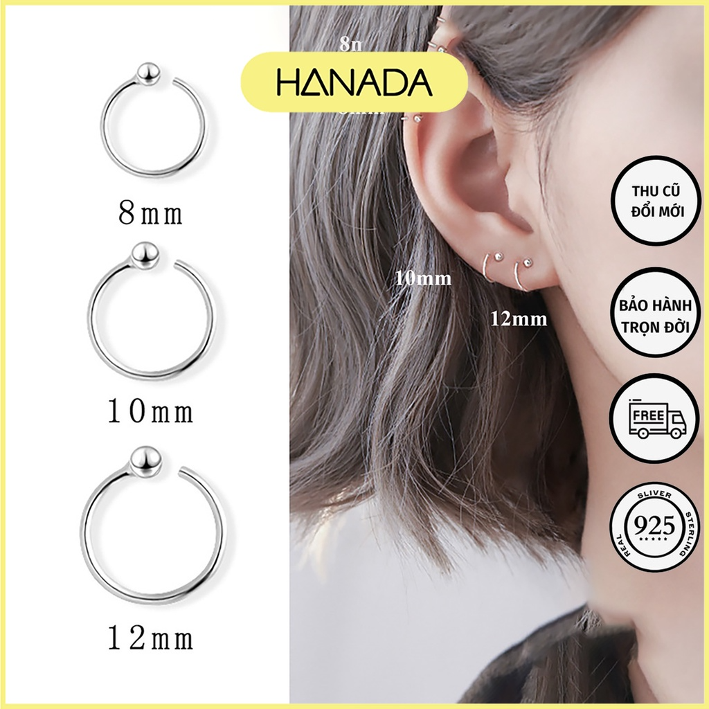Khuyên Tai Tròn Nữ Bạc 925 Khoen Trơn Hở Bông Tai Đầu Bi Đeo Nhiều Lỗ Hanada 0970