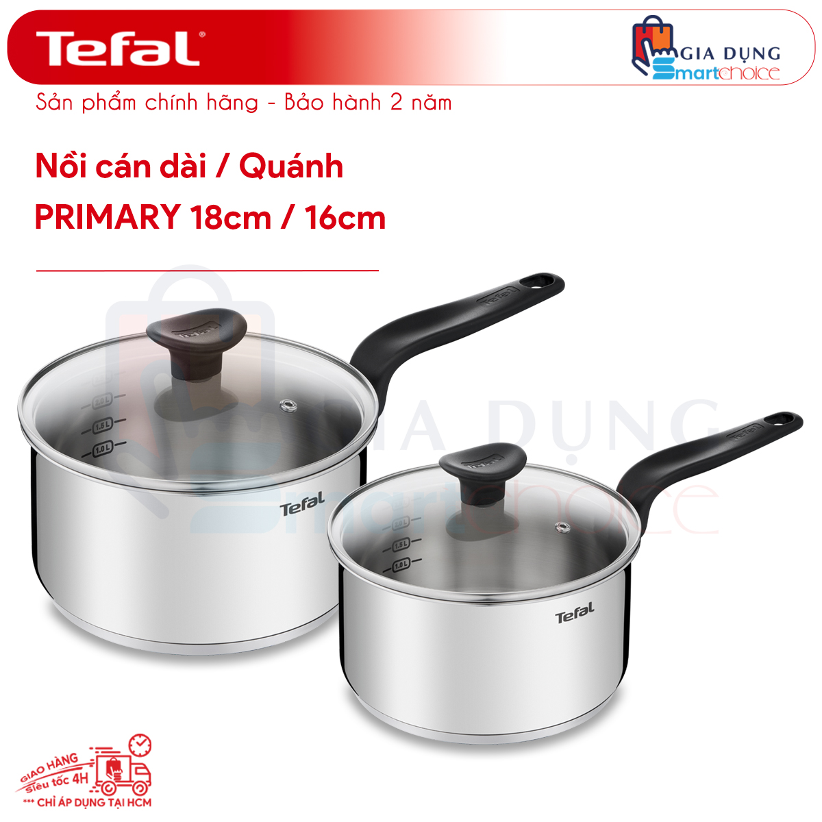 Khuyến mãi lớn, nồi cán dài tefal primary, quánh tefal primary 18cm, 16cm, inox cao cấp 18/10, hàng chính hãng, giao hỏa tốc
