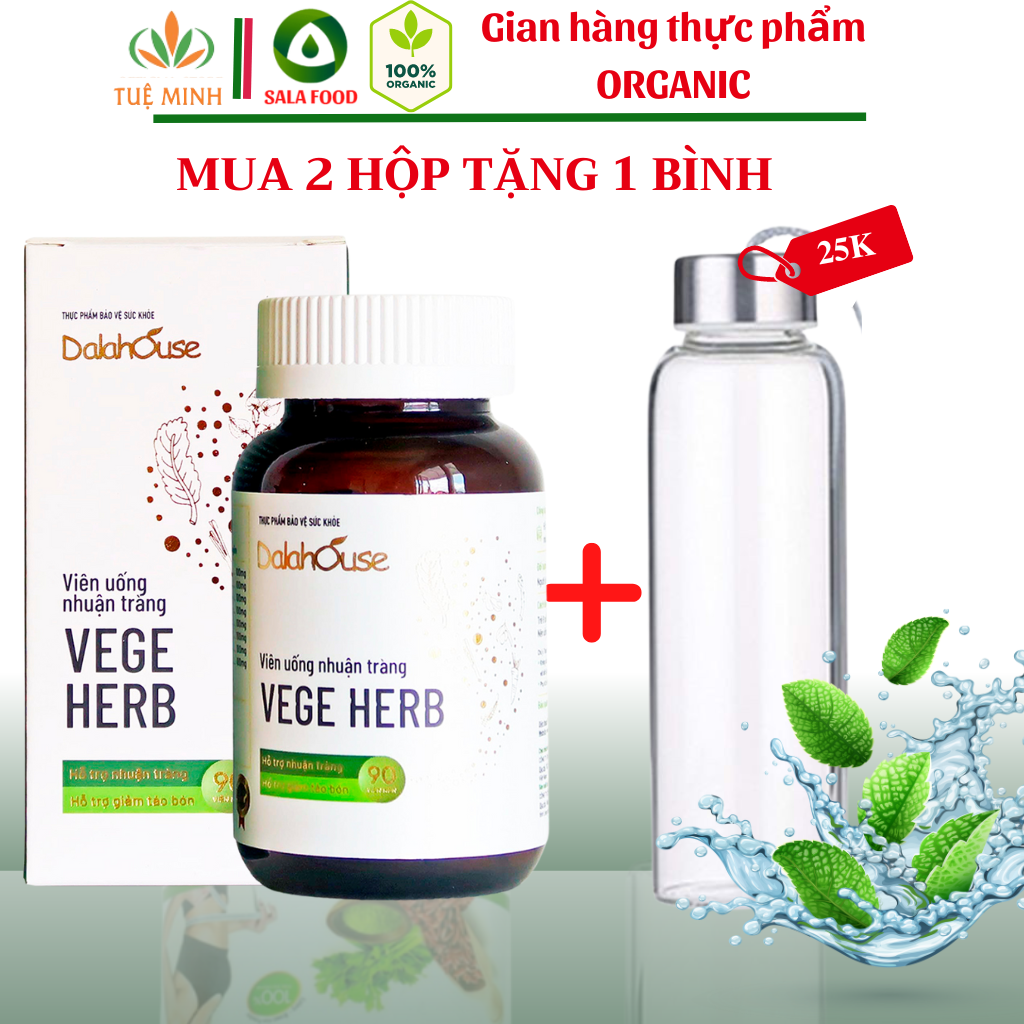 [Tặng bình thủy tinh 25K+ Voucher] Viên Uống Nhuận Tràng Dalahouse (Vege Herb Dalahouse) Hỗ Trợ Nhuận Tràng, Giảm Táo Bón, bổ sung chất xơ và khoáng chất cần thiết cho cơ thể dùng thay thế rau tươi Hộp 90/30 Viên Nén
