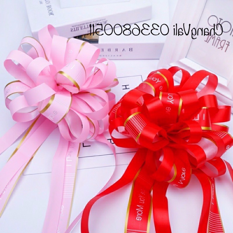 Nơ rút tú cầu cao cấp in chữ dùng làm nơ bó hoa, trang trí giỏ quà, xe hoa cô dâu