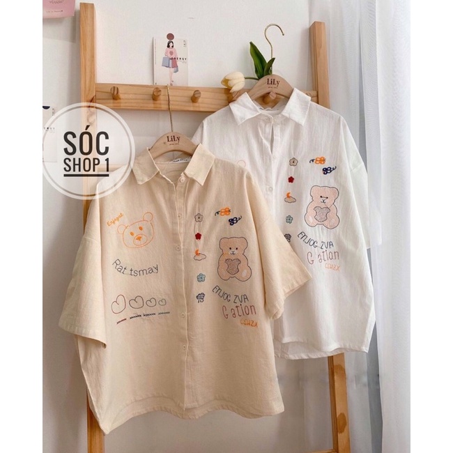 Áo sơ mi tay lỡ chú gấu cute 2 màu trắng be form rộng unisex