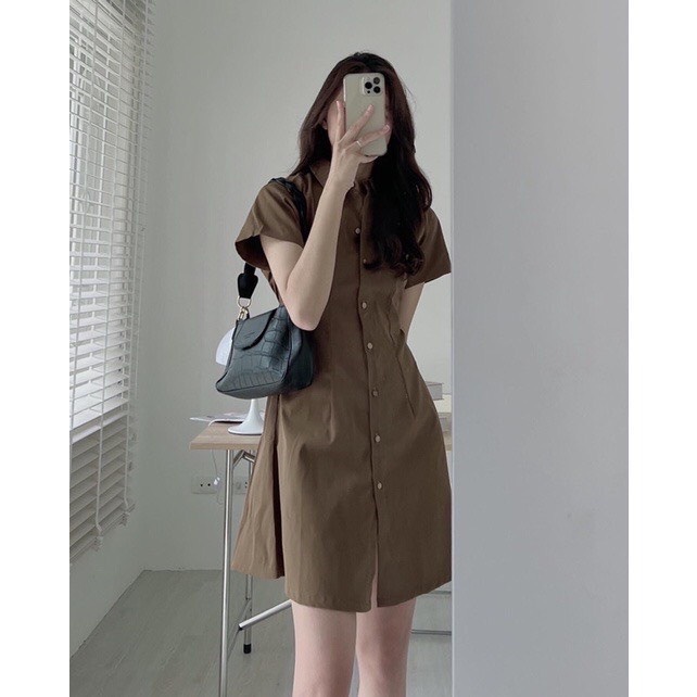 Đầm váy nữ mago thiết kế kiểu dáng sơ mi phong cách Hàn dễ thương, Đầm váy nữ sơ mi thiết kế cộc tay xinh xắn đi chơi, du lịch, Đầm mago sơ mi thiết kế dáng váy chữ A vintage MTB