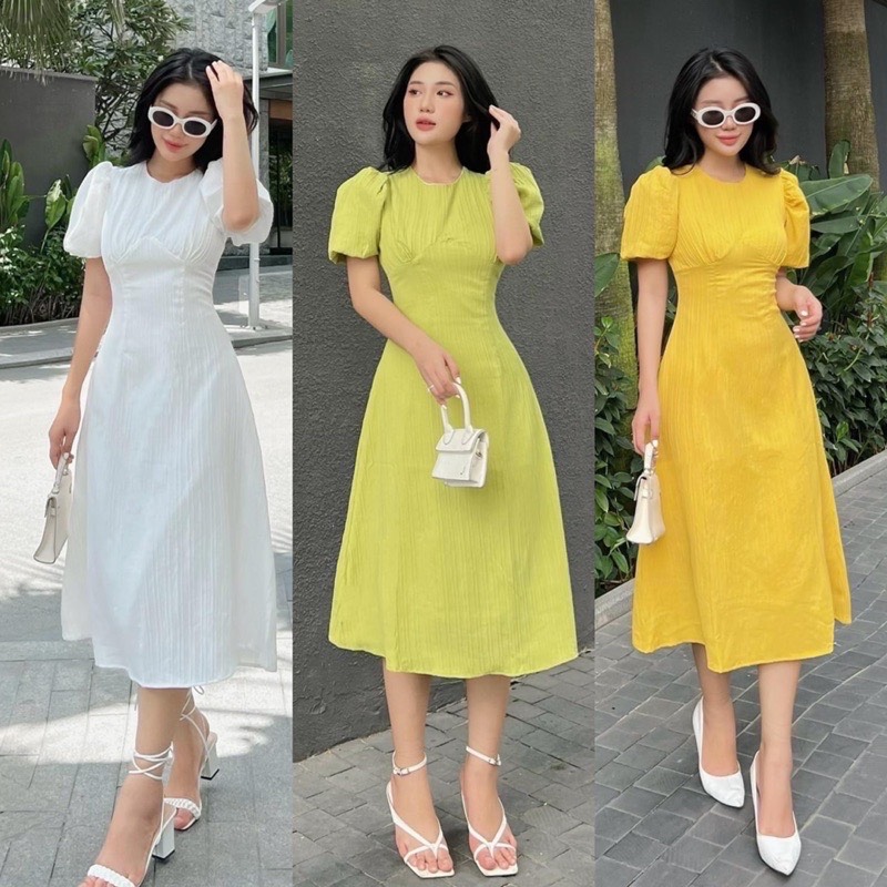 Đầm midi dáng dài tay bồng 2 lớp cách điệu ly eo nữ tính