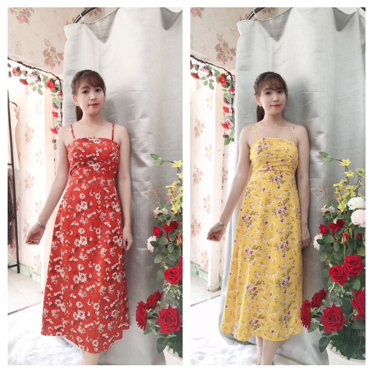 Hình thật 100% đầm maxi 2 dây hoa nhí đủ size