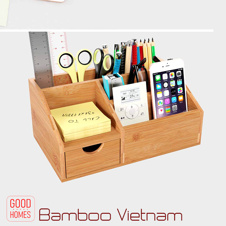 Hộp ống đựng bút nhiều ngăn có ngăn kéo để bàn bằng gỗ tre