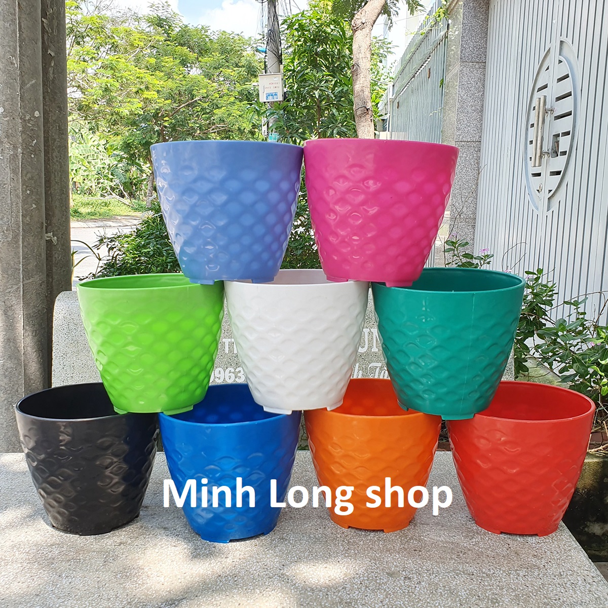 Bộ 5 chậu mắt lưới trồng hoa nhựa đẹp đủ màu size 18x15.5cm