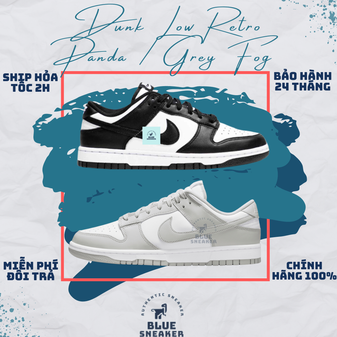 Giày nk dunk retro low cực hot, authentic, full box, giày thể thao dunk low đen trắng/trắng xám cổ thấp, blue sneaker 1999