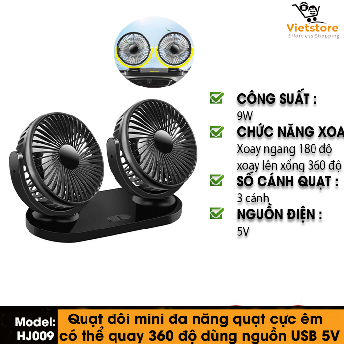 Quạt đôi mini đa năng quạt cực mạnh cực êm  có thể quay 360 độ dùng nguồn USB 5V dùng trên xe ô tô, để bàn, tại nhà tại văn phòng rất tiện lợi - Phân phối bởi Vietstore