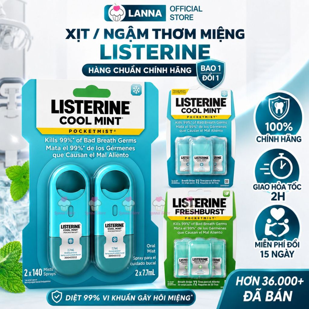 Miếng ngậm Listerine 1 vỉ 3 hộp Thơm Miệng Bạc Hà, Khử Mùi Tan Nhanh
