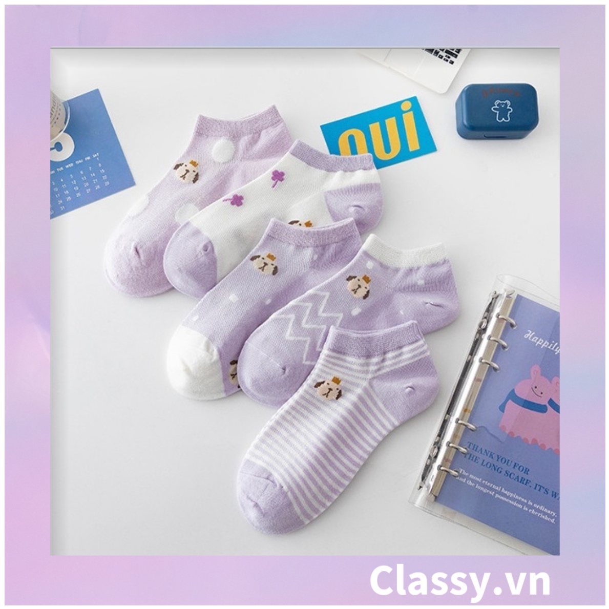 Classy Tất cổ thấp, vớ cổ thấp màu tím họa tiết ngẫu nhiên G1361