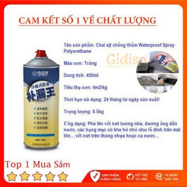 Bình Xịt Chống Thấm Dột Gidiso, Chai Xịt Chống Thấm Chống Dột Mái Nhà, Mái Tôn, Tường, Bể Nước, Ống Nước, Các Vết Nứt...