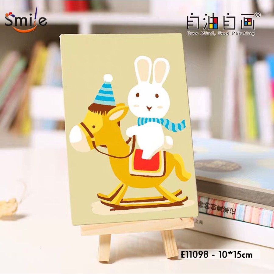 Tranh số hóa cao cấp tự tô màu theo số Smile size nhỏ cho bé Thỏ cưỡi ngựa gỗ E11098