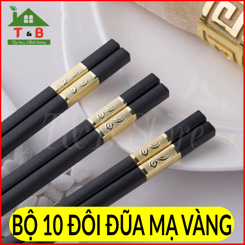 Bộ 10 Đôi Đũa Mạ Vàng, Đũa Hợp Kim Chống Mốc - Đuôi Đũa Được Thiết Kế Bọc Viền Hoa Văn Hợp Kim Cực Kỳ Tinh Tế Và Sang Trọng