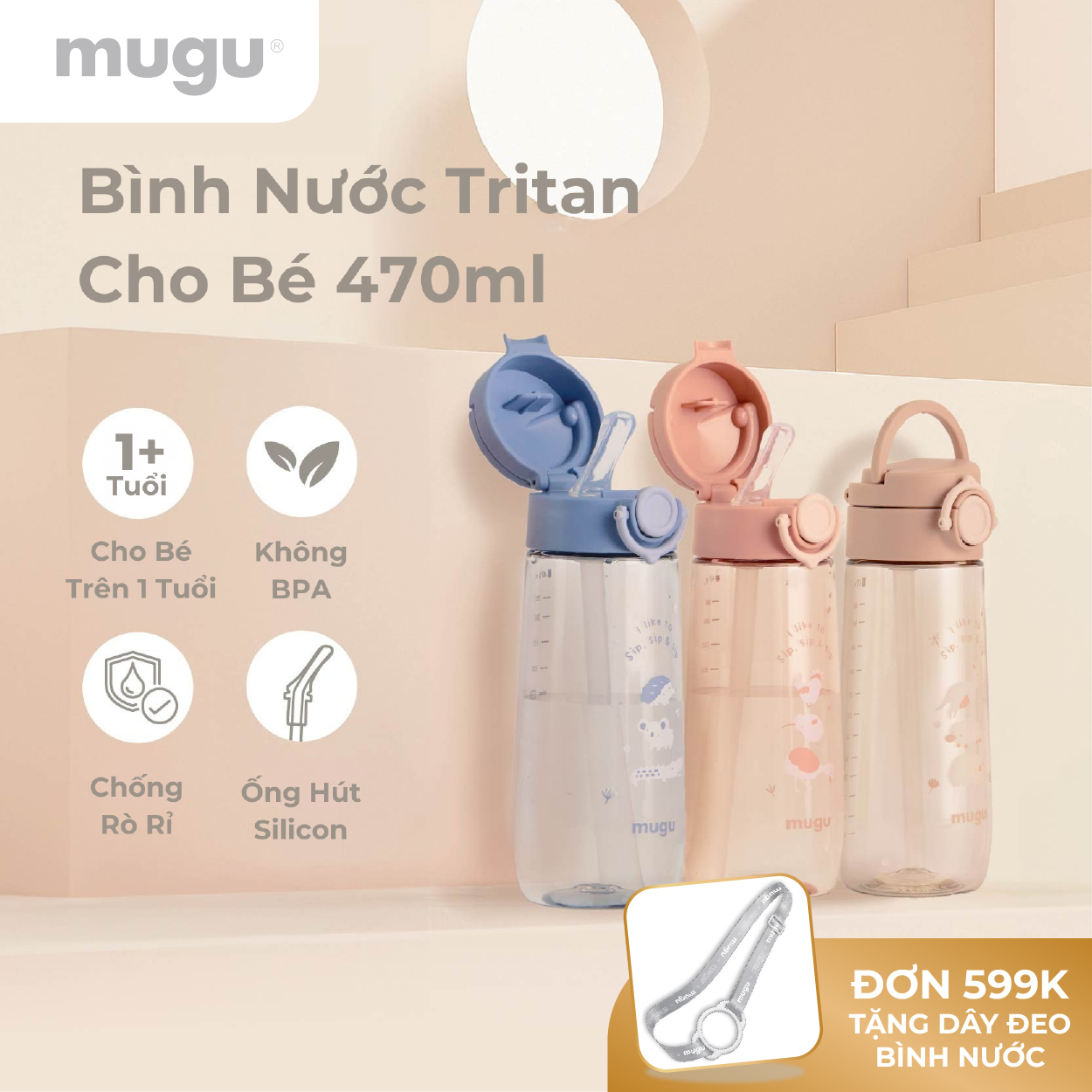 Bình Nước Tritan Cho Bé Tặng Kèm Cọ Rửa Ống Hút, Chống Rò Rỉ, Chống Đổ, Dễ Thương