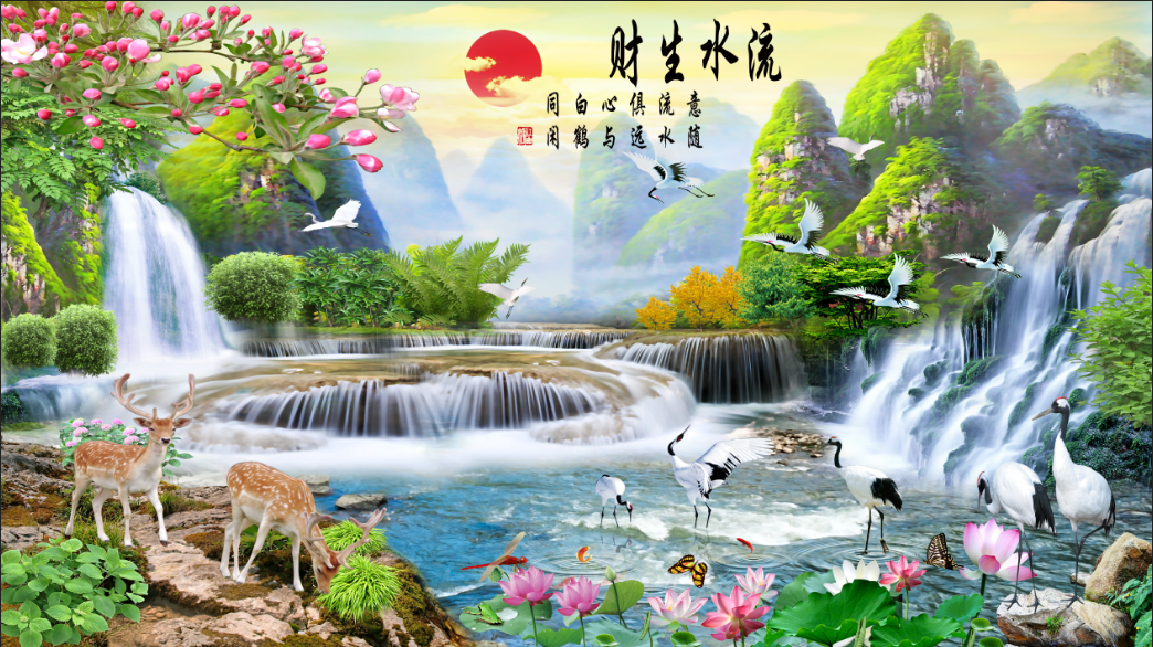 Tranh Decan Dán tường 3D , Phong Cảnh Thác Nước   ,Có Keo Sẵn Lột Ra Là Dán , Ngang 1cm , Cao 200cm