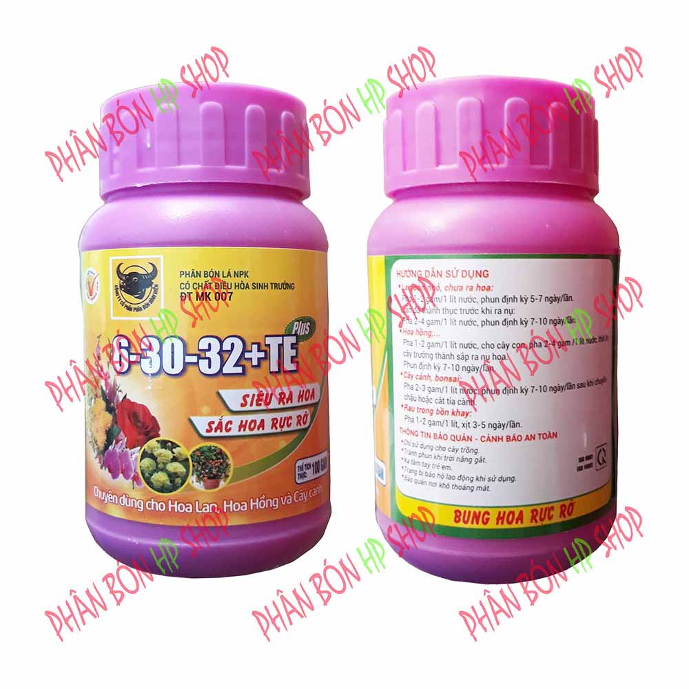 Combo 2 Hũ Phân Bón Lá Đầu Trâu NPK Siêu Ra Hoa - Sắc Hoa Rực Rỡ 6-30-32+TE (Chai 100gam) Chỉ sử dụng cho cây trồng * Tránh Phun khi trời nắng gắt