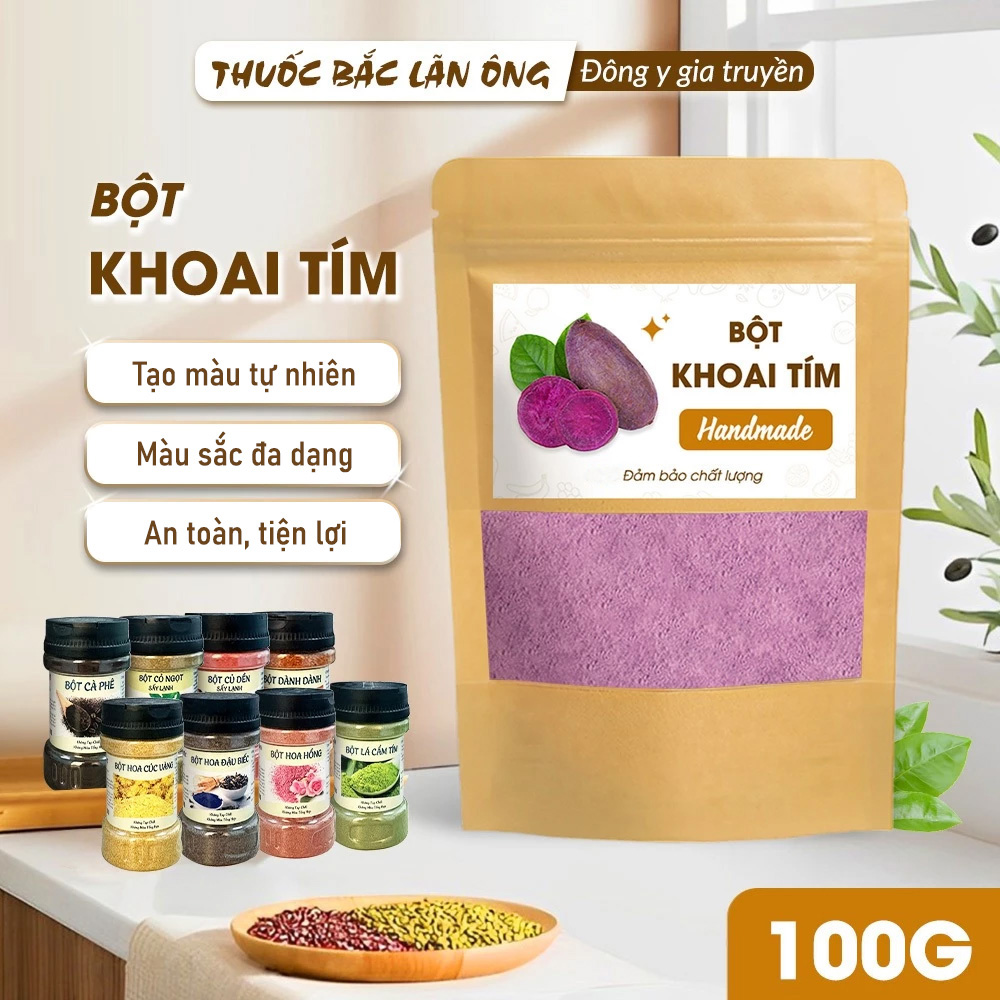 Bột khoai lang tím nguyên chất 100g, bột tạo màu, mùi thơm, dùng làm bánh, pha trà sữa, nấu chè