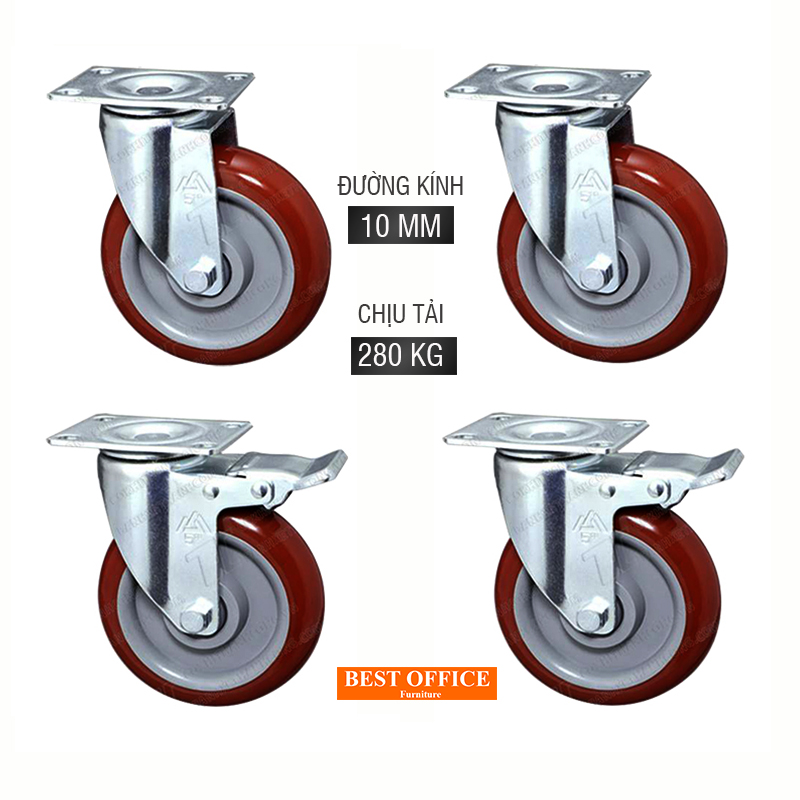 Combo 4 bánh xe đẩy hàng chịu tải 280kg, đường kính 10cm - Màu đỏ mận dùng cho xe kéo, xe đẩy hàng