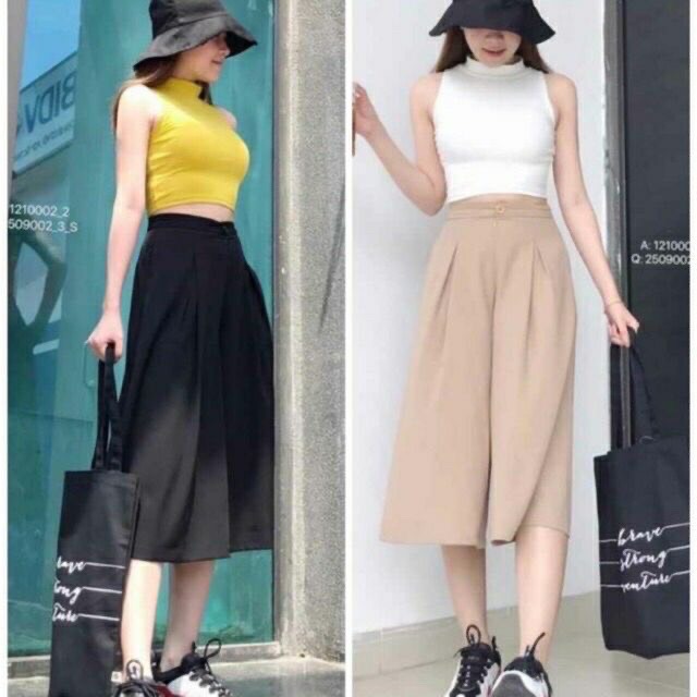 Quần ống rộng đũi suông xếp ly dáng lửng 5.0