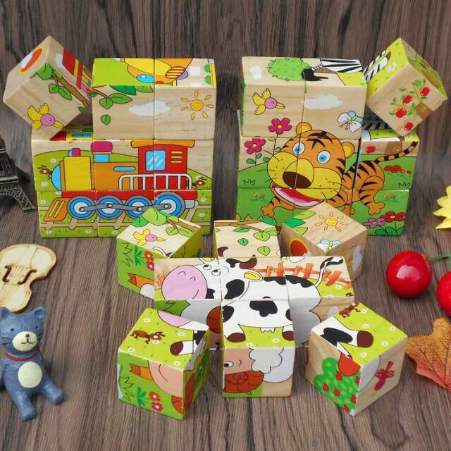 Đồ chơi Gỗ Ghép 9 Miếng Hình Khối 6 Mặt, đồ chơi trí tuệ, đồ chơi cho bé,