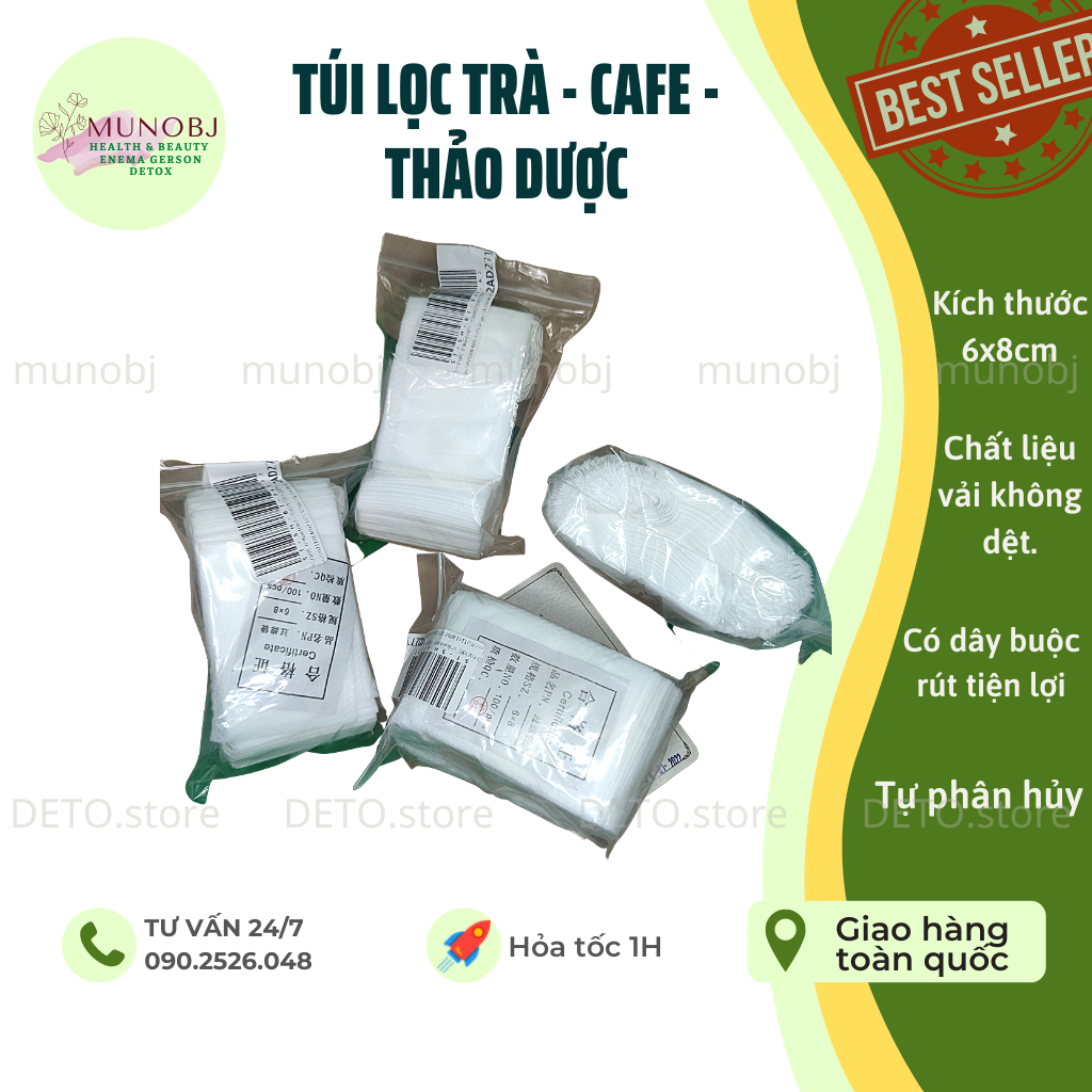 100 Túi lọc trà, cà phê bằng vải không dệt có dây rút tiện lợi size 6x8cm (túi lọc cafe enema) - Túi lọc vải không dệt có dây rút bịch 100 túi