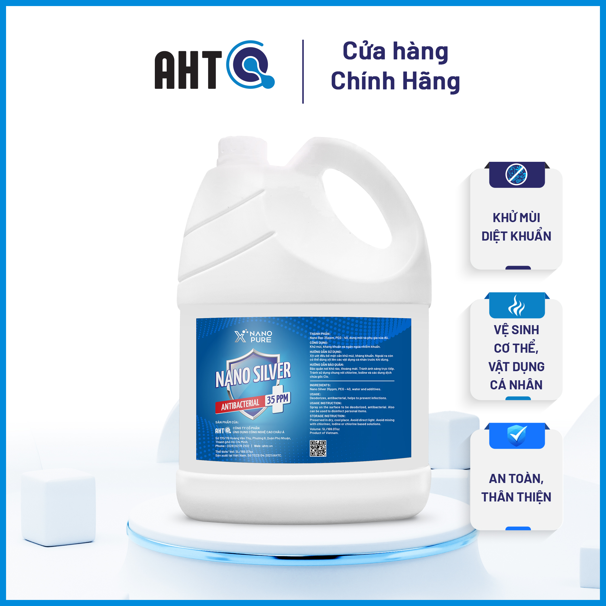 Nano bạc diệt khuẩn Nano Xpure Nano Silver 35ppm 5L/ 4L-Diệt khuẩn, khử khuẩn, khử mùi an toàn, hiệu quả–Nano Bạc AHT Corp