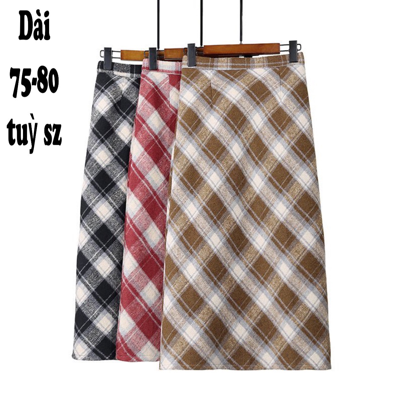 Chân váy dạ kẻ caro dáng dài lưng cạp cao thời trang