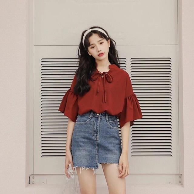 Áo baby doll nâu đất rút nơ xinh xắn