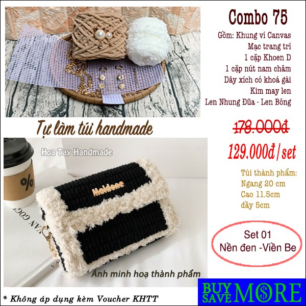 Combo 75- tự làm túi đan len handmade, bộ nguyên liệu đầy đủ