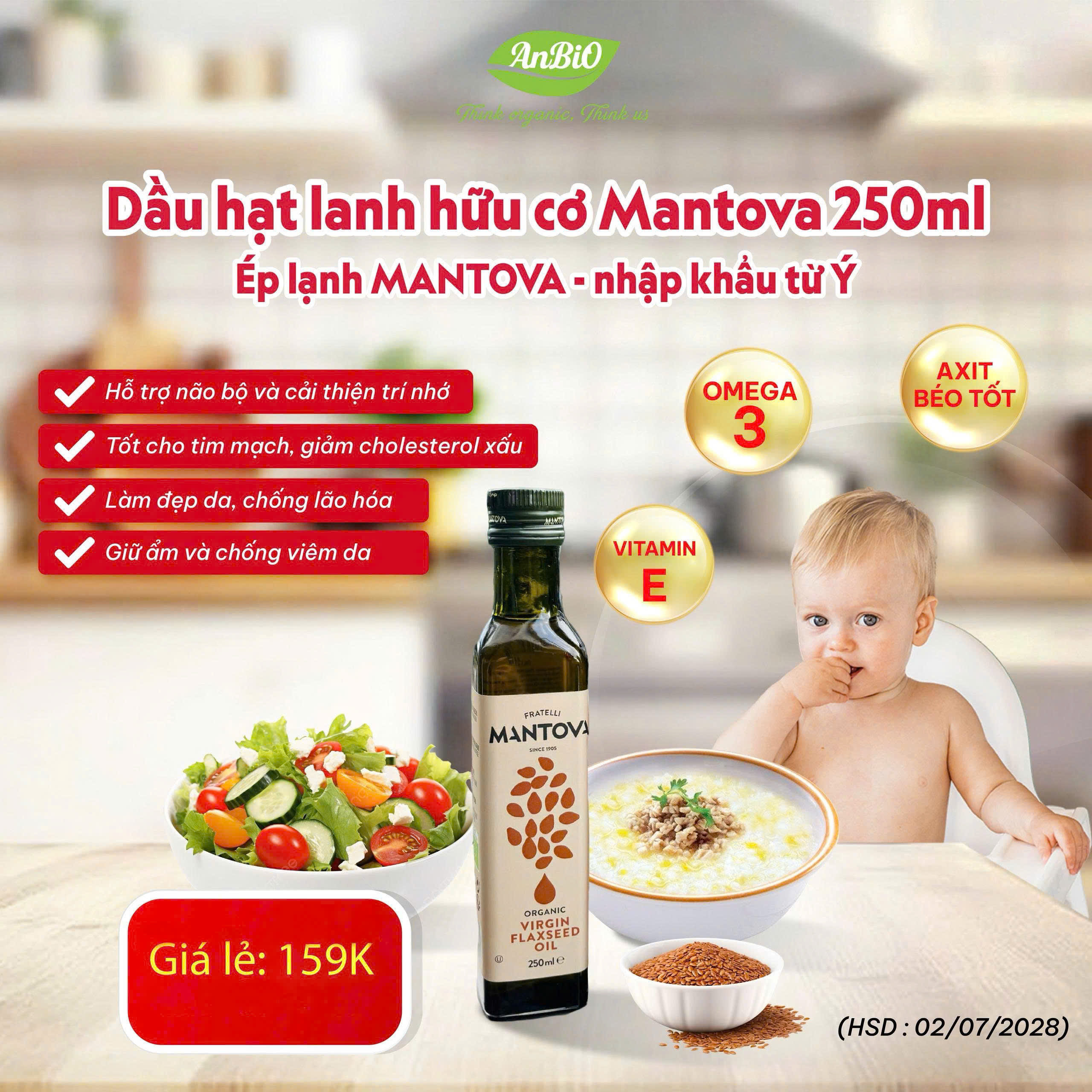 Mantova Dầu hạt lanh hữu cơ 250ml