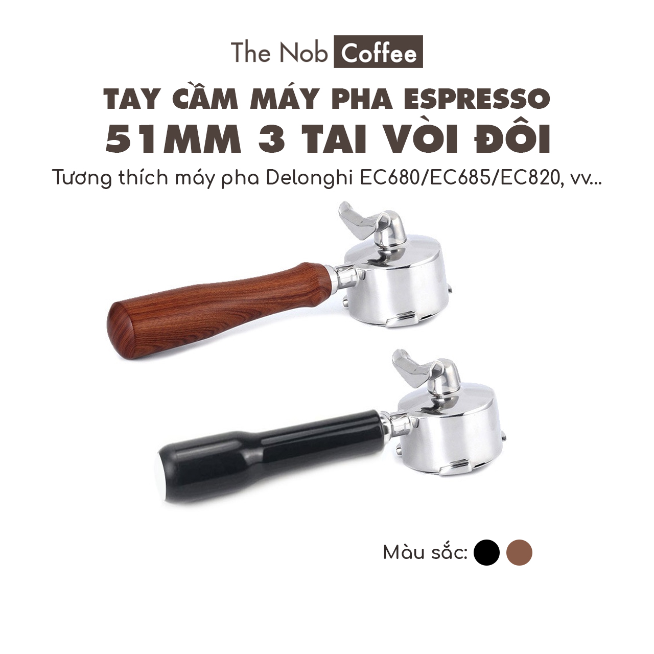 Tay cầm máy pha espresso size 51mm 3 tai vòi đôi | tương thích với delonghi ec680/ec685/ec820,...
