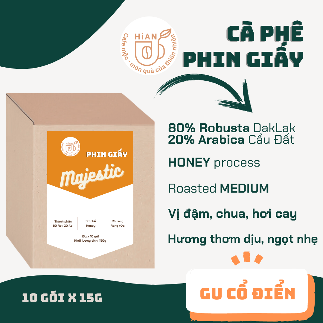 Hộp 10 gói Cà phê phin giấy 80% Robusta 20 % Arabica tiện lợi du lịch, cổ điển, túi drip, phin giấy, kraft cà phê