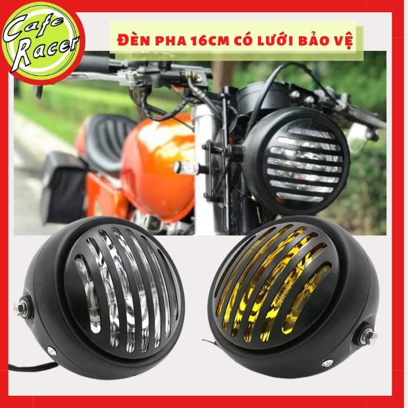 Đèn pha độ 16cm có sẵn lưới bảo vệ Gáo sắt sơn đen mặt kính trong có lưới sắt bảo vệ cho xe classic độ CAFE RACER rất ngầu