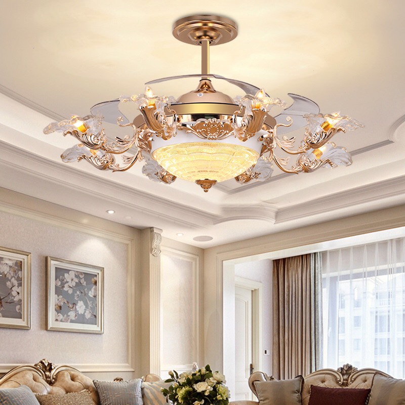 Quạt trần đèn chùm cánh cụp xòe phong cách Hoàng Gia, Quạt trần cho phòng khách sang trọng hiện đại có điều khiển từ xa