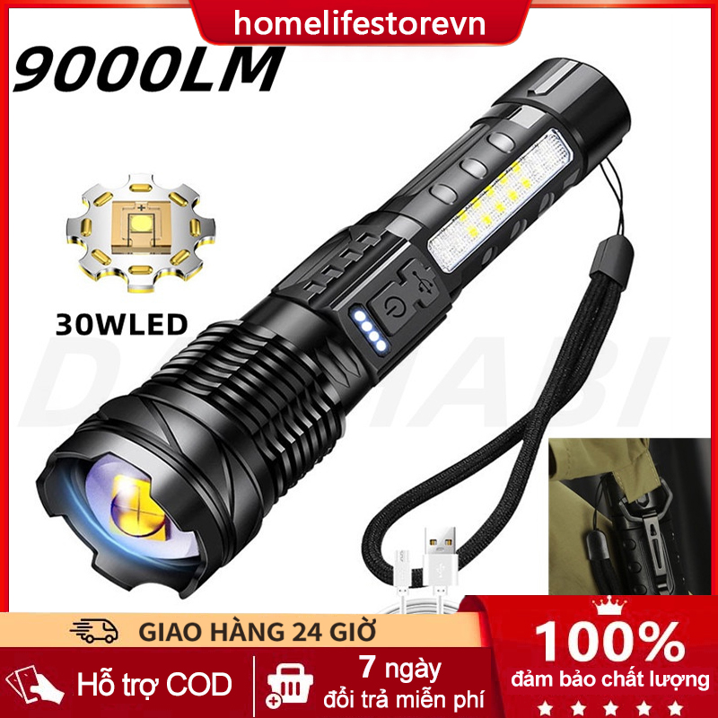 Đèn pin siêu sáng chiếu xa 300m có Zoom xa gần, chống nước IPX4, pin trâu 7 chế độ sáng