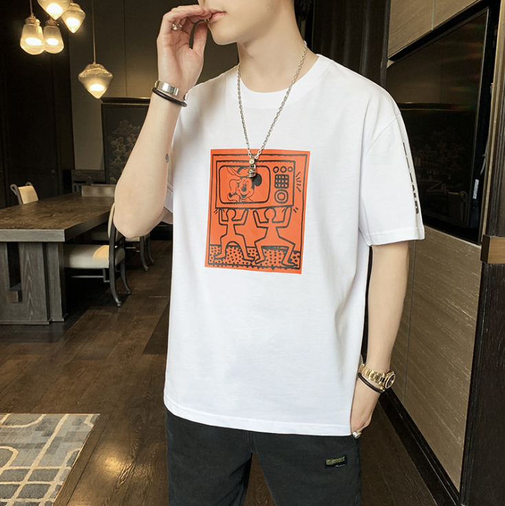 - Áo thun nam ngắn tay Hàn Quốc - Chuột Mickey Trắng Cam - Phong Cách Tối Giản