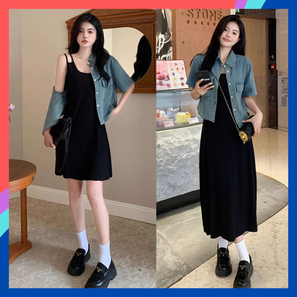 Váy hai dây dáng dài/ ngắn VN02 màu đen ôm body vô cùng sexy váy hai dây nữ chất liệu len tăm co giãn thoáng mát phù hợp mặc nhà đi chơi đi biển